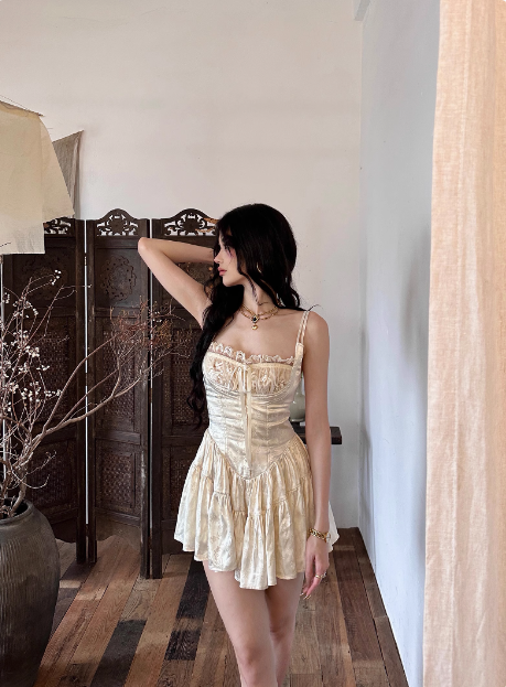 French Retro Lace Suspenders Dark Satin A-Line 21St Birthday Homecoming Dress