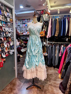French Retro Mint Green A-Line Strapless Lace Ruffle Satin Long Prom Dress Evening Dress
