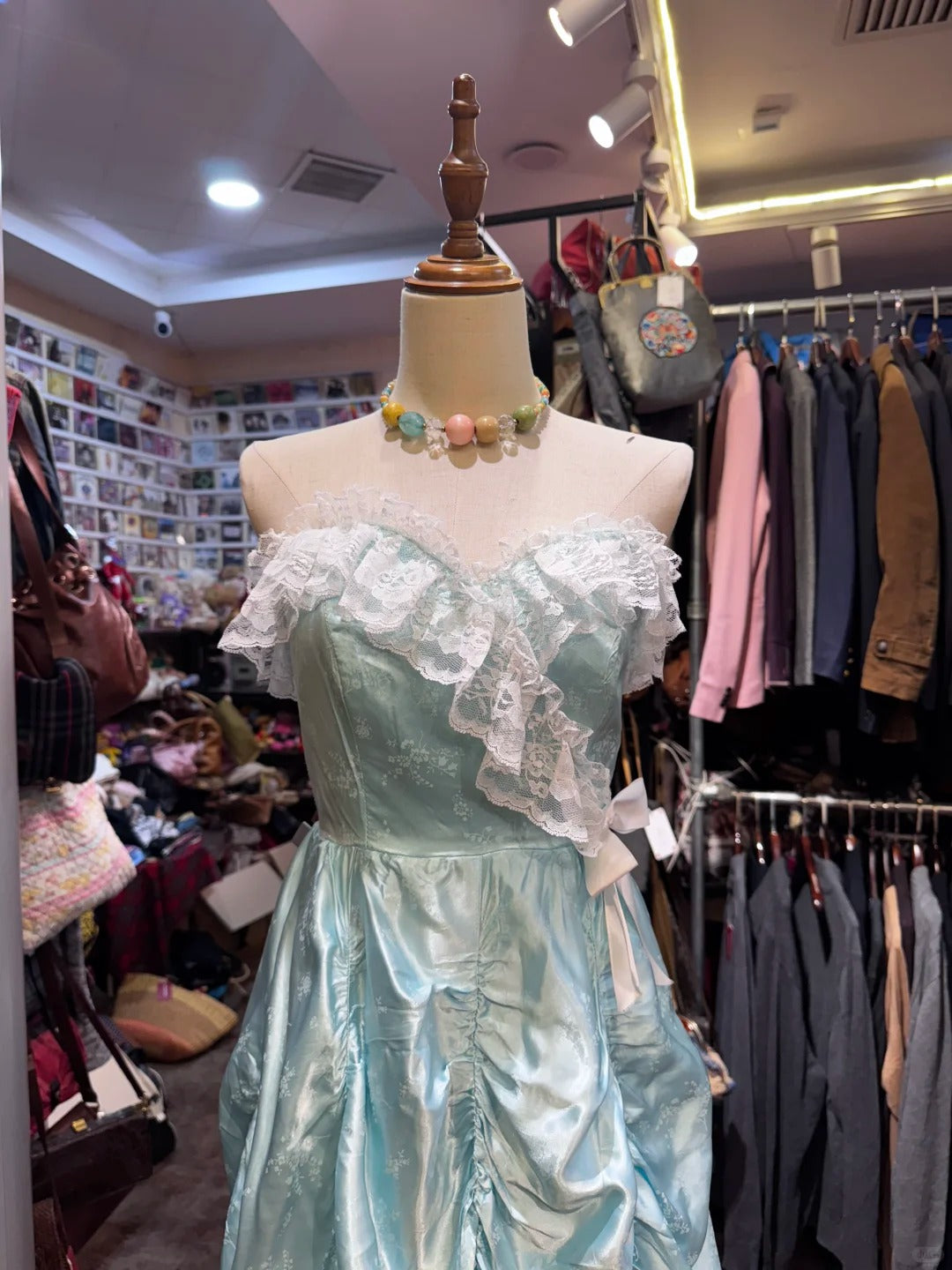 French Retro Mint Green A-Line Strapless Lace Ruffle Satin Long Prom Dress Evening Dress