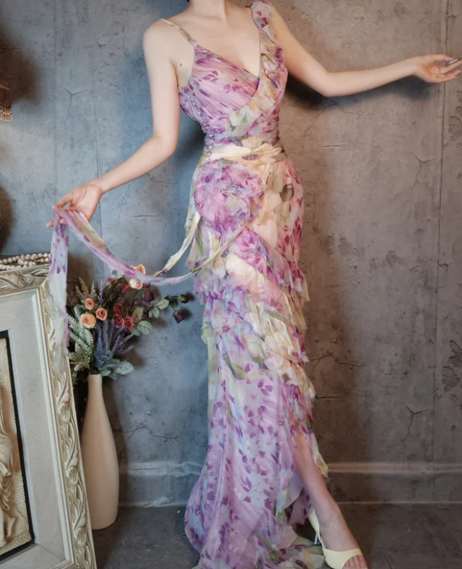 French Romantic Purple Floral Print V-Neck Backless Layered Pleated Chiffon Prom Dress Evening Dress Secondary image