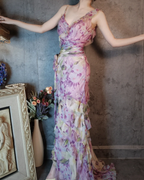 French Romantic Purple Floral Print V-Neck Backless Layered Pleated Chiffon Prom Dress Evening Dress
