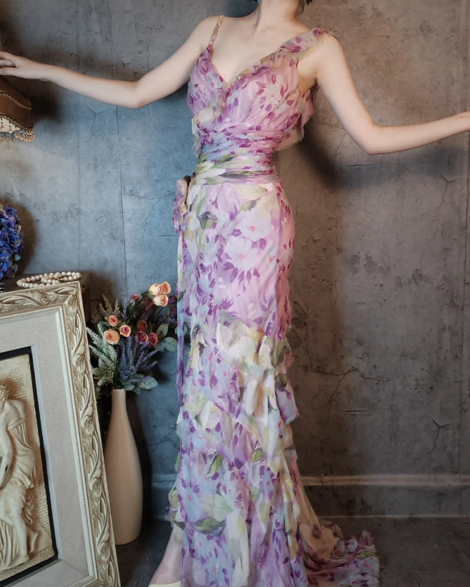 French Romantic Purple Floral Print V-Neck Backless Layered Pleated Chiffon Prom Dress Evening Dress