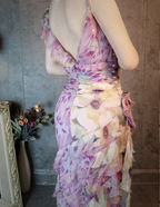 French Romantic Purple Floral Print V-Neck Backless Layered Pleated Chiffon Prom Dress Evening Dress