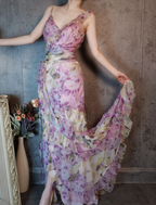 French Romantic Purple Floral Print V-Neck Backless Layered Pleated Chiffon Prom Dress Evening Dress