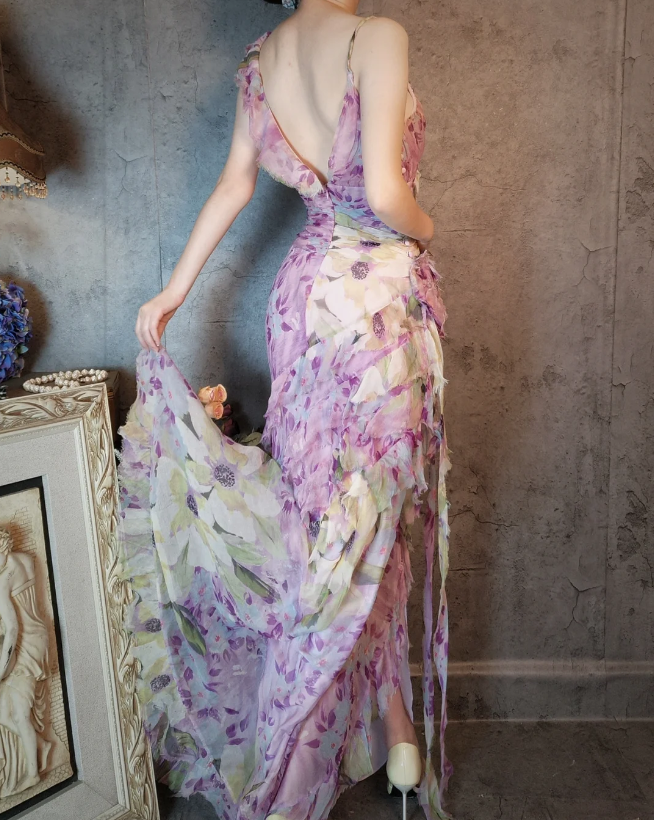 French Romantic Purple Floral Print V-Neck Backless Layered Pleated Chiffon Prom Dress Evening Dress