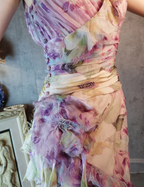 French Romantic Purple Floral Print V-Neck Backless Layered Pleated Chiffon Prom Dress Evening Dress
