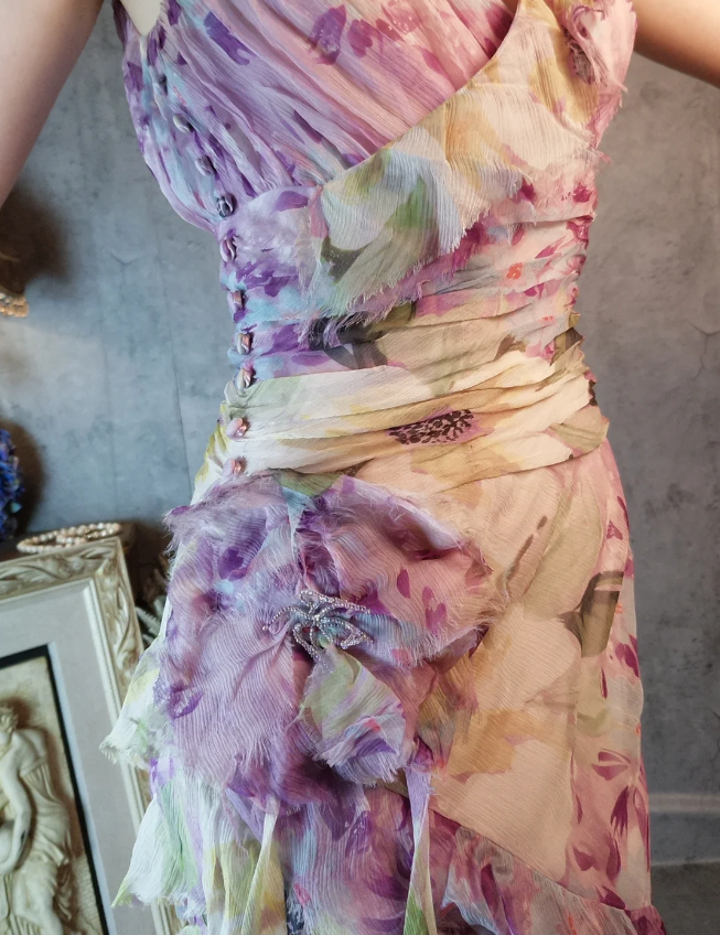 French Romantic Purple Floral Print V-Neck Backless Layered Pleated Chiffon Prom Dress Evening Dress