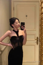 French Sheath High Neckline Black Velvet Long Prom Dresses Birthday Outfits