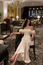 French Sheath Off The Shoulder White Satin Slit Prom Dresses Birthday Outfits
