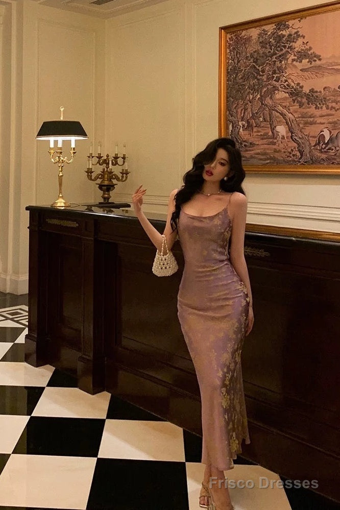 French Sheath Spaghetti Straps Lilac Satin Prom Dresses Birthday Outfits