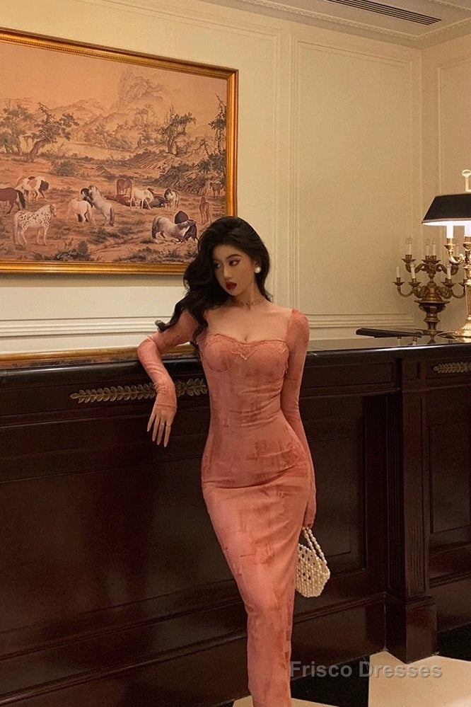 French Sheath Square Neckline Long Sleeves Pink Lace Prom Dresses Birthday Outfits Secondary image