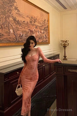 French Sheath Square Neckline Long Sleeves Pink Lace Prom Dresses Birthday Outfits