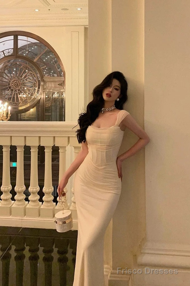 French Sheath Straps Ivory Long Tulle Prom Dresses Birthday Outfits