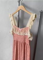 French Style Blush Pink Spaghetti Strap Square Neck Lace Jacquard Satin Prom Dress Evening Dress