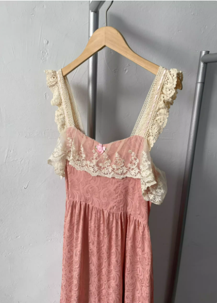 French Style Blush Pink Spaghetti Strap Square Neck Lace Jacquard Satin Prom Dress Evening Dress