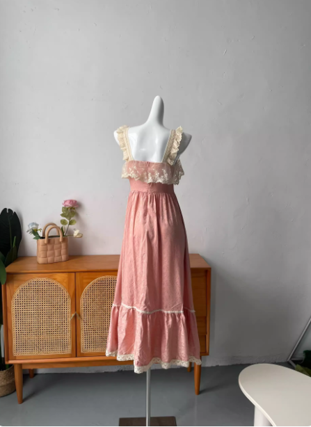 French Style Blush Pink Spaghetti Strap Square Neck Lace Jacquard Satin Prom Dress Evening Dress