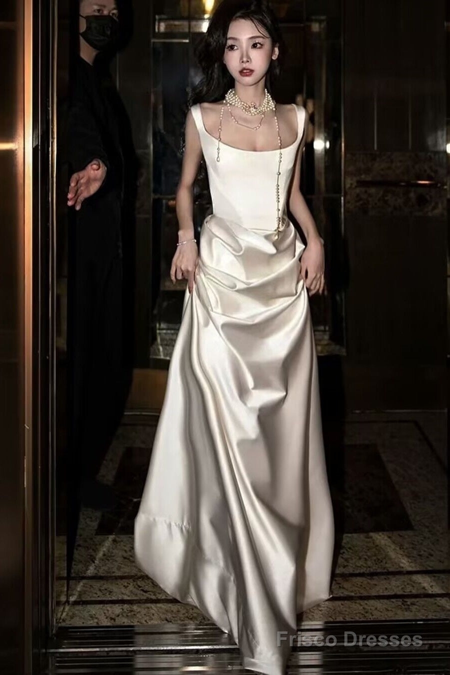 French Style White Satin A Line Elegant Prom Dress Secondary image