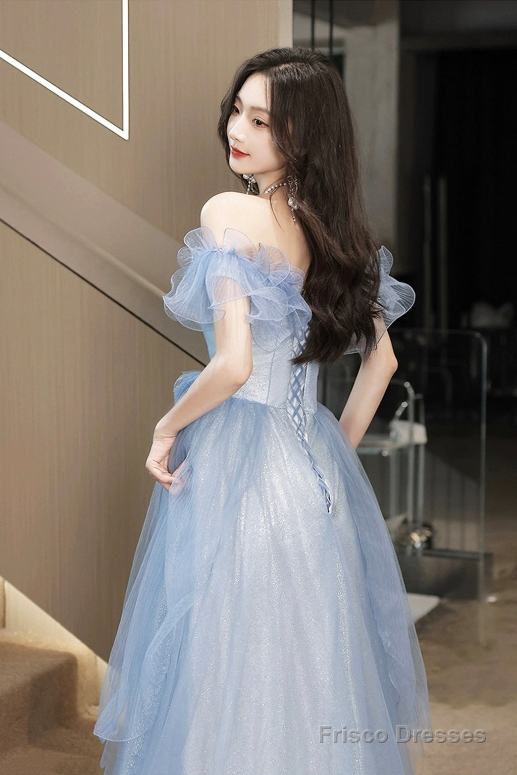 French Stylish Off Shoulder Blue Tulle Prom Dress With Bow – Frisco Dresses