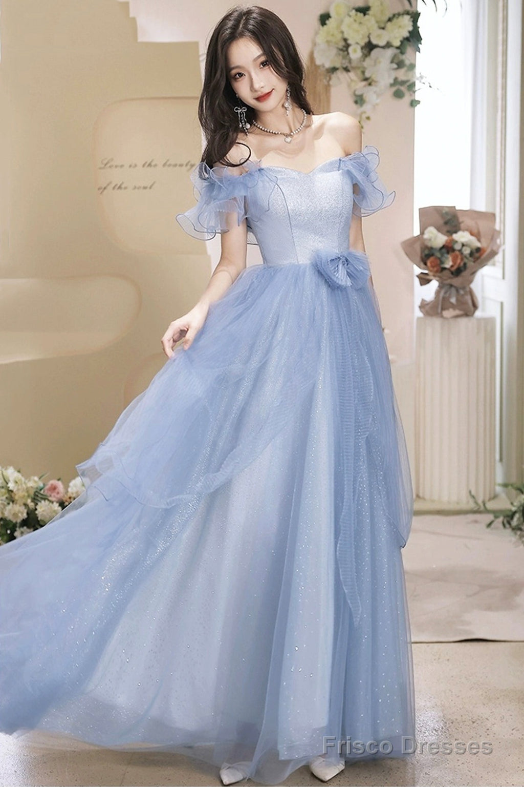 French Stylish Off Shoulder Blue Tulle Prom Dress With Bow – Frisco Dresses