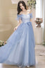 French Stylish Off Shoulder Blue Tulle Prom Dress With Bow