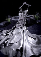 French Vintage Mermaid Spaghetti Straps Ruffles Silver Gray Prom Dresses Birthday Outfits