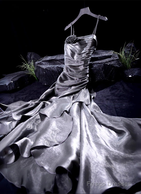 French Vintage Mermaid Spaghetti Straps Ruffles Silver Gray Prom Dresses Birthday Outfits