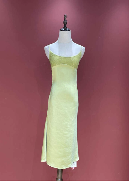Fresh Elegant Pale Yellow Green Spaghetti Strap Lace Satin Prom Dress Evening Dress Main image