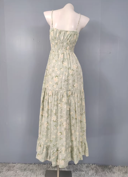 Fresh Green A-Line Spaghetti Strap V-Neck Floral Print Cotton Long Prom Dress Secondary image