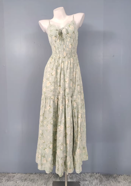 Fresh Green A-Line Spaghetti Strap V-Neck Floral Print Cotton Long Prom Dress Main image
