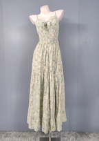 Fresh Green A-Line Spaghetti Strap V-Neck Floral Print Cotton Long Prom Dress