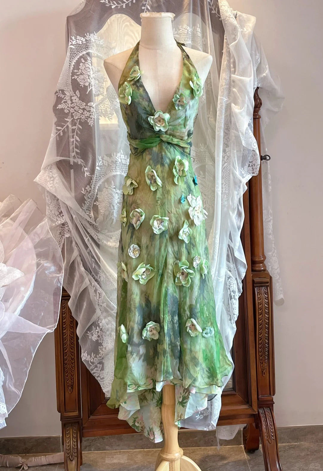 Fresh Green Floral Print Halter Neck Chiffon Prom Dress Evening Dress
