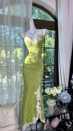 Fresh Green Mermaid Strapless Backless Criss-Cross Lace Long Prom Dress Evening Dress