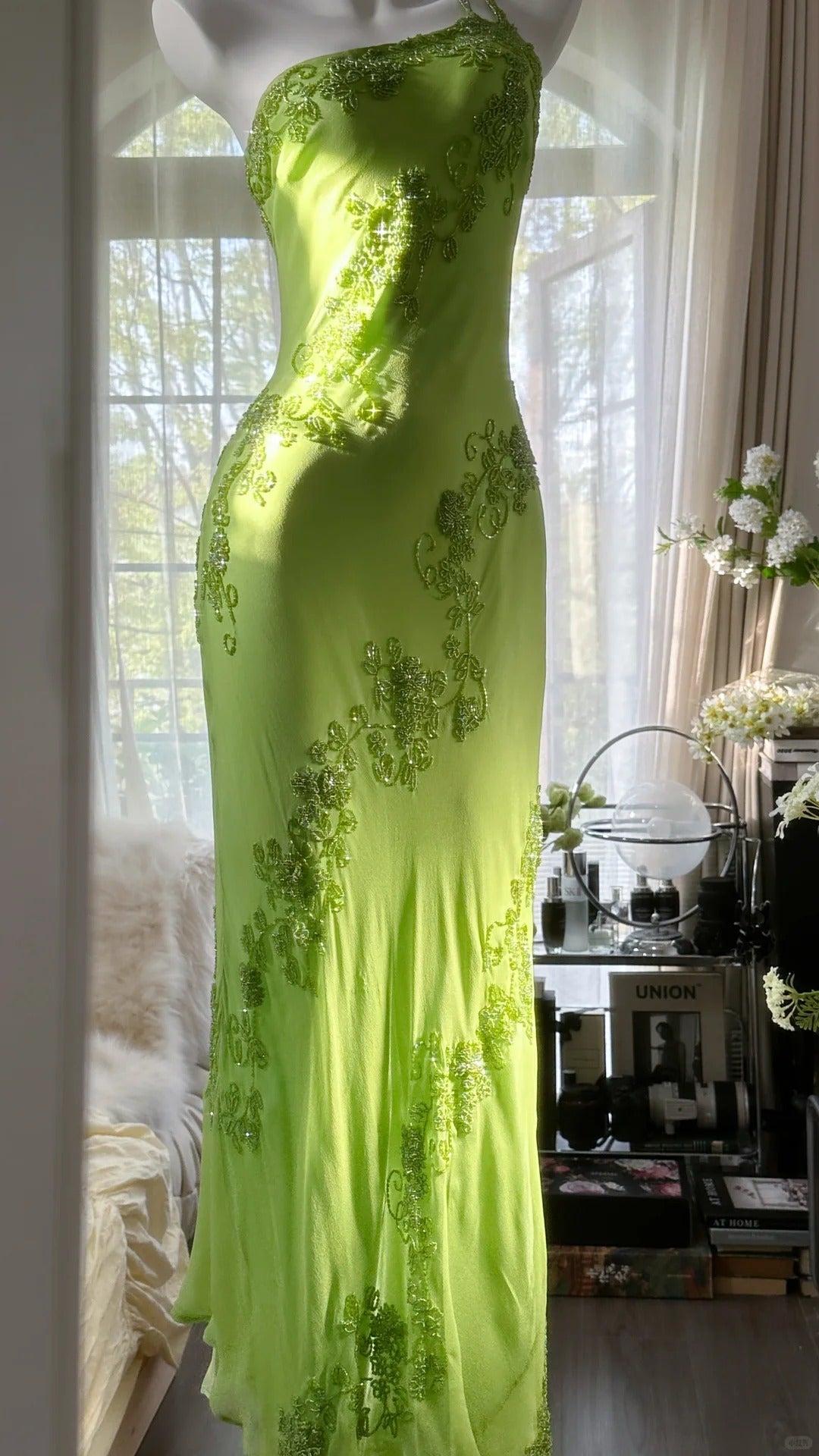 Fresh Green One Shoulder Chiffon Beaded Mermaid Evening Gown Prom Dress