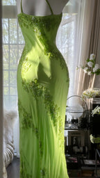 Fresh Green One Shoulder Chiffon Beaded Mermaid Evening Gown Prom Dress