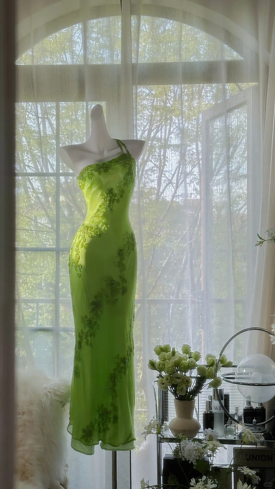 Fresh Green One Shoulder Chiffon Beaded Mermaid Evening Gown Prom Dress