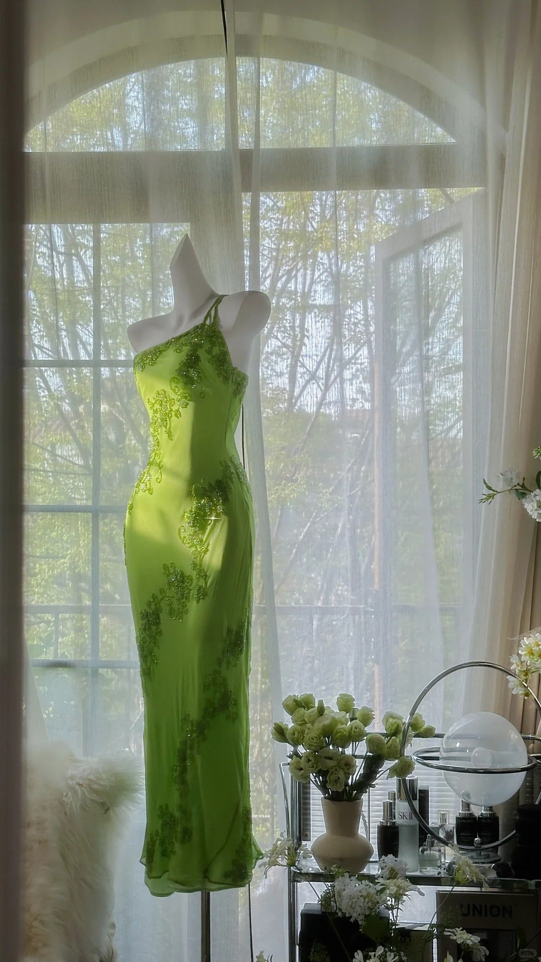 Fresh Green One Shoulder Chiffon Beaded Mermaid Evening Gown Prom Dress Main image