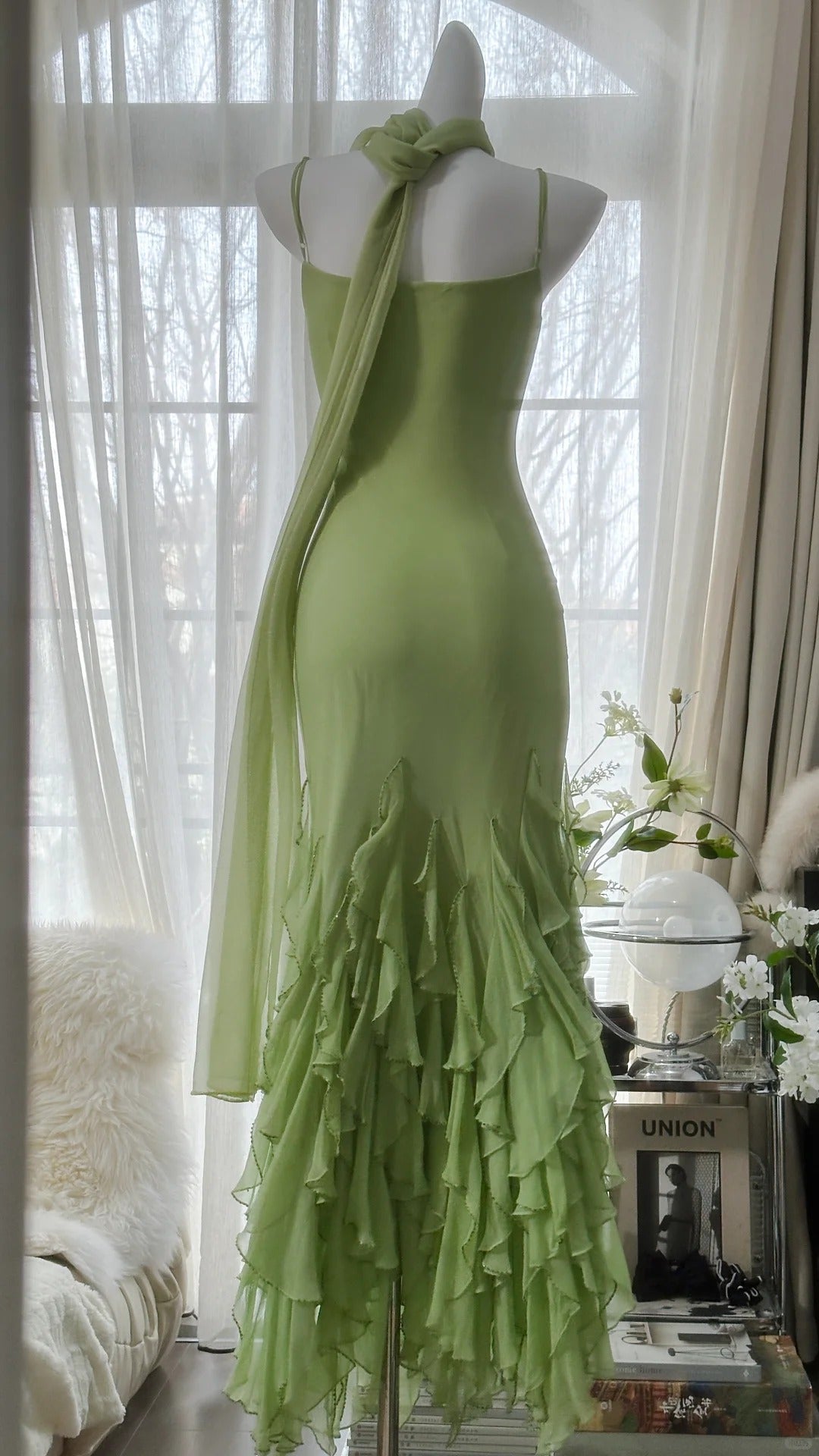 Fresh Green Simple Chiffon Ruffle Skirt Prom Dress
