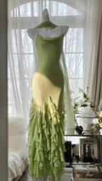Fresh Green Simple Chiffon Ruffle Skirt Prom Dress