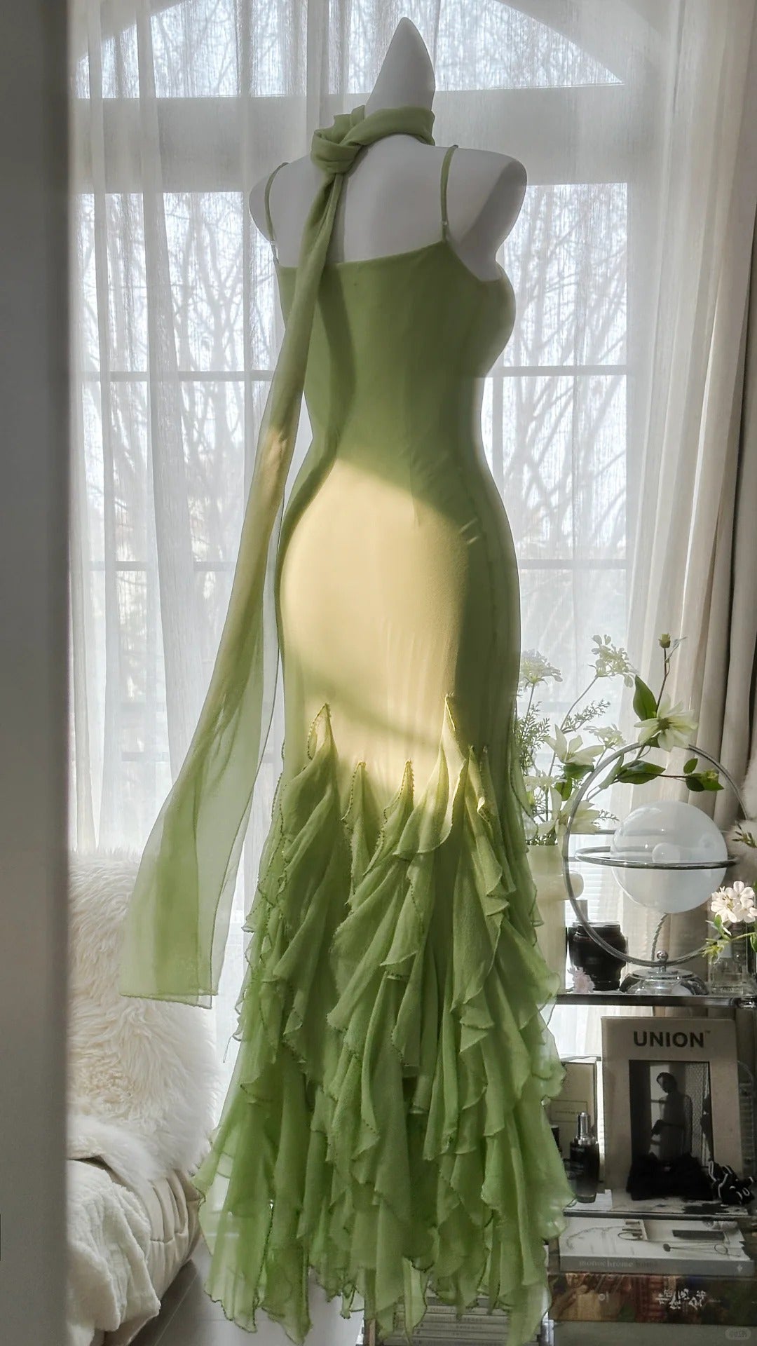 Fresh Green Simple Chiffon Ruffle Skirt Prom Dress