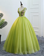 Fresh Green Tulle V Neck Long Lace Up Senior Formal Prom Dress With Applique