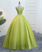 Fresh Green Tulle V Neck Long Lace Up Senior Formal Prom Dress With Applique
