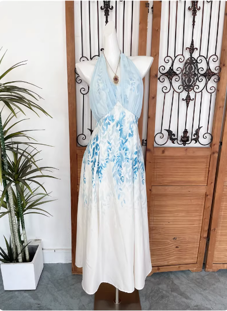 Fresh Printed A-Line Halter Neck Satin Long Prom Dress Evening Dress