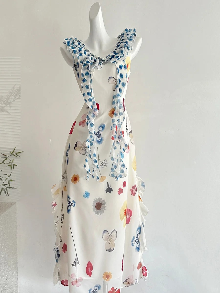 Fresh White Background Colorful Floral V-Neck Ruffle Waist Chiffon Long Prom Dress Evening Dress Secondary image