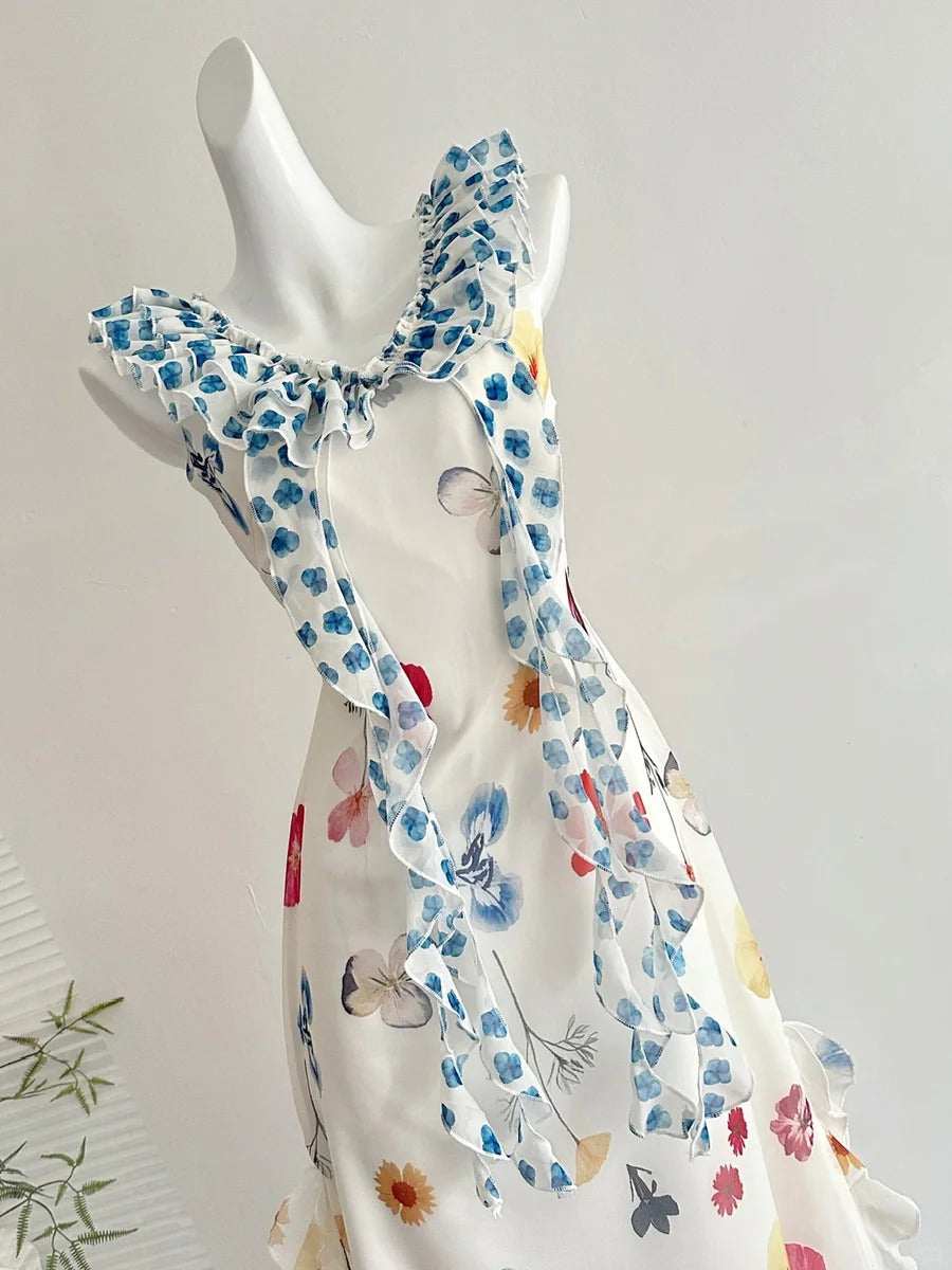 Fresh White Background Colorful Floral V-Neck Ruffle Waist Chiffon Long Prom Dress Evening Dress
