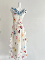 Fresh White Background Colorful Floral V-Neck Ruffle Waist Chiffon Long Prom Dress Evening Dress