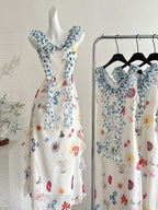 Fresh White Background Colorful Floral V-Neck Ruffle Waist Chiffon Long Prom Dress Evening Dress