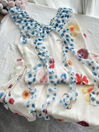 Fresh White Background Colorful Floral V-Neck Ruffle Waist Chiffon Long Prom Dress Evening Dress