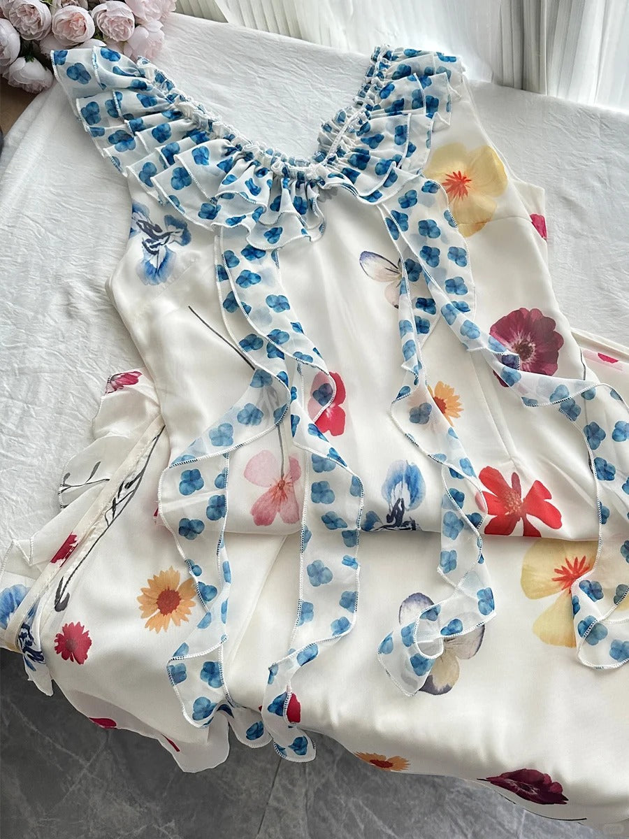 Fresh White Background Colorful Floral V-Neck Ruffle Waist Chiffon Long Prom Dress Evening Dress