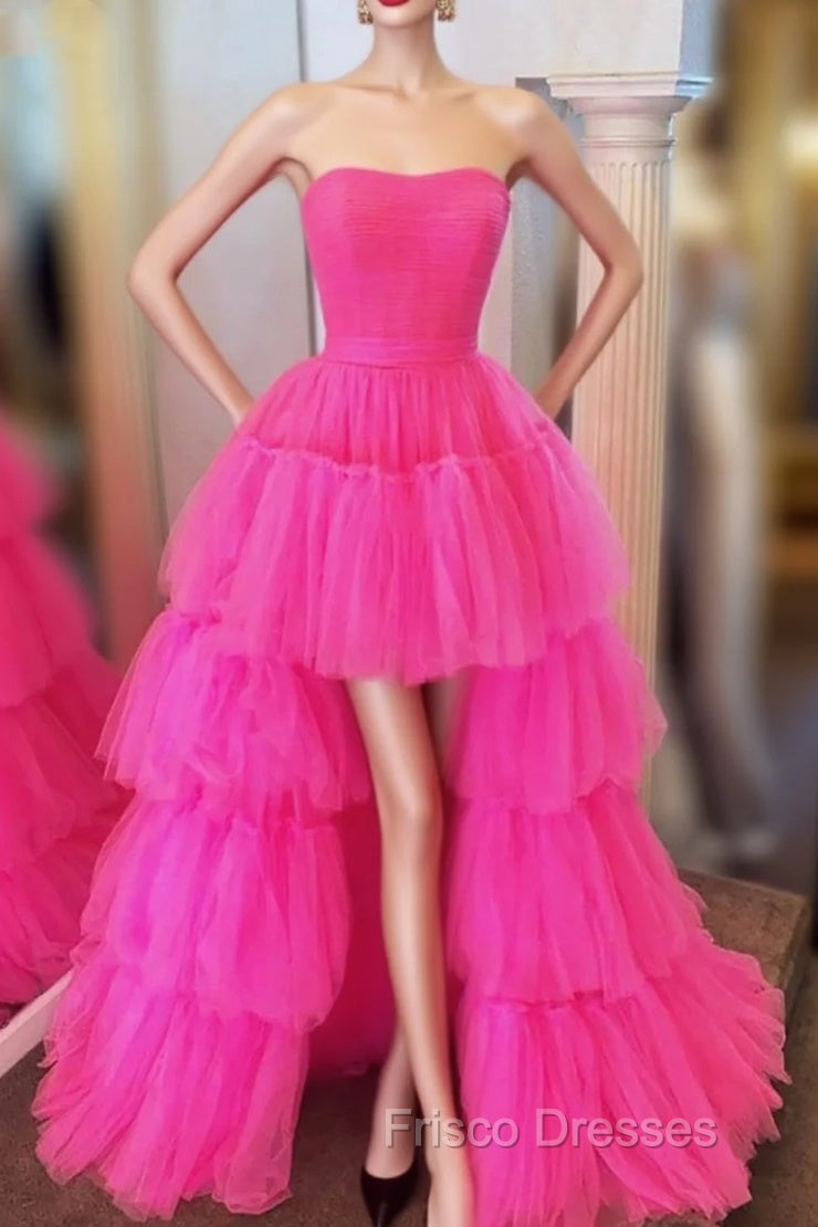 Fuchsia A-line High Low Strapless Tulle Formal Prom Dress with Ruffles Main image