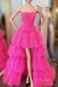 Fuchsia A-line High Low Strapless Tulle Formal Prom Dress with Ruffles